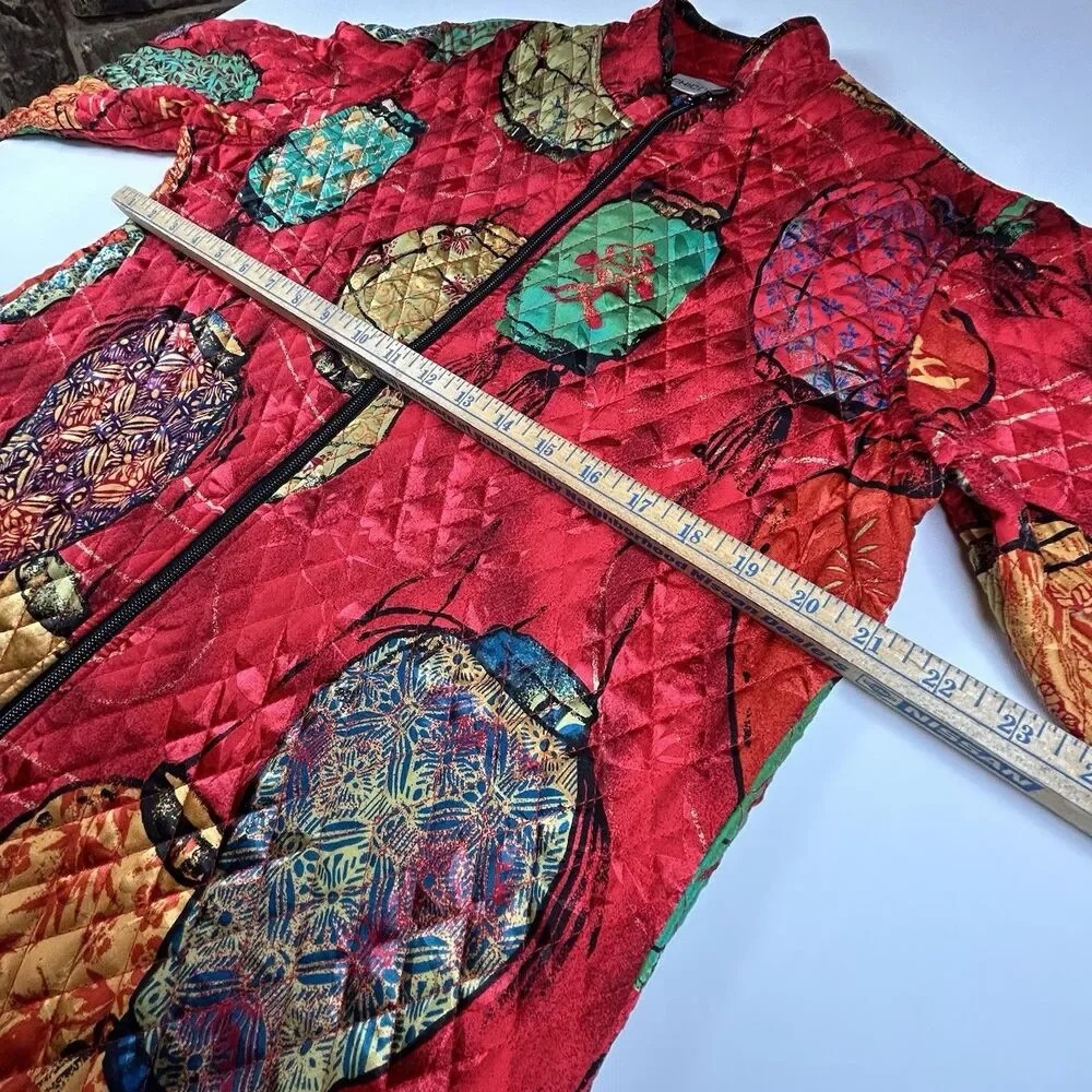 Chico's Silk Quilted Jacket Womens Sz 2 (L) Red Chinese Lantern Print Zip Front